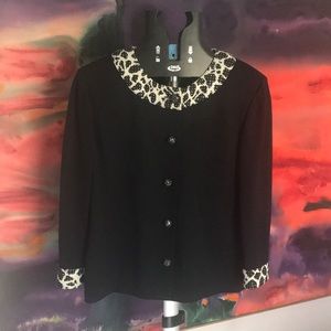 St. John Evening knit cardigan black suit jacket animal print trim size 14